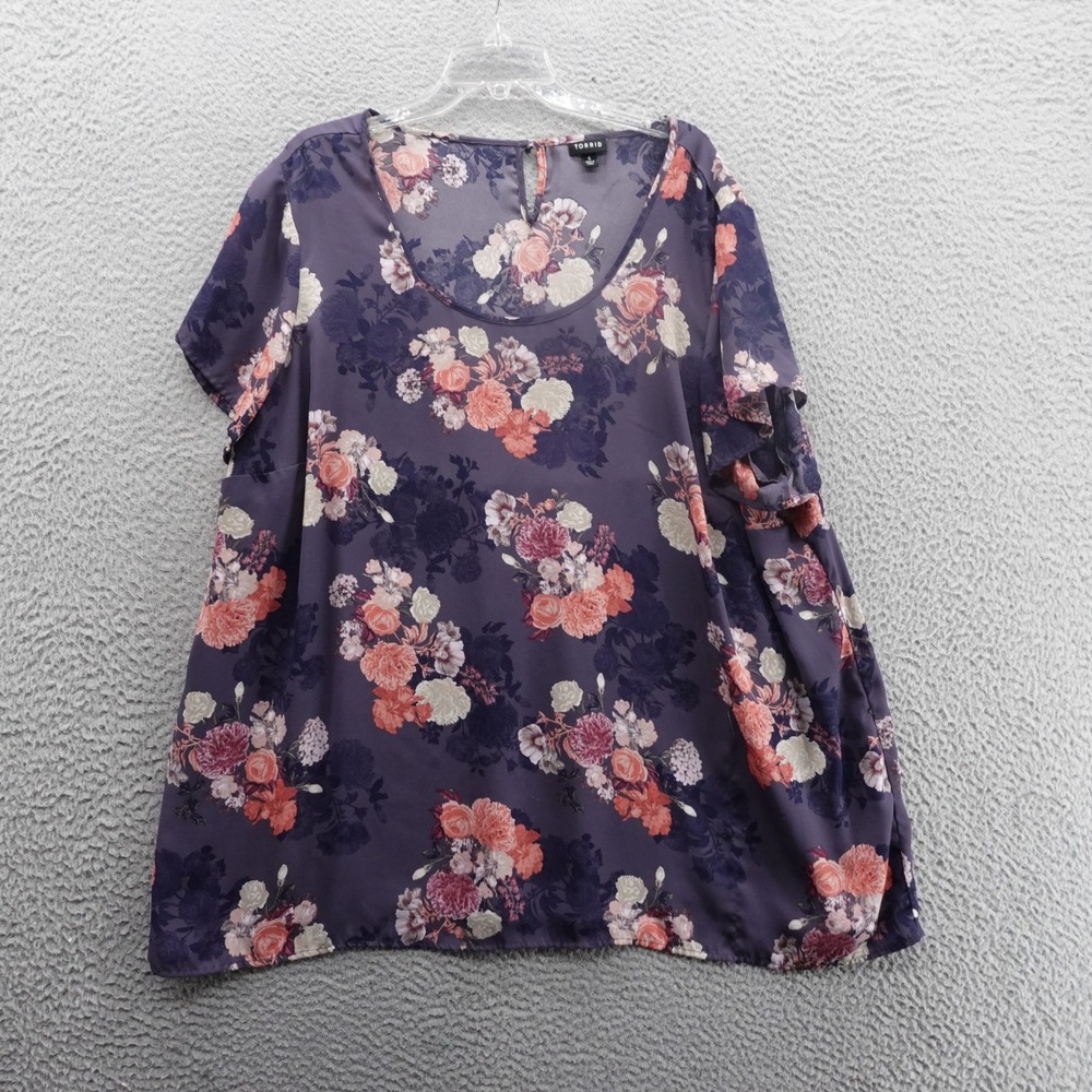 Torrid Flutter Sleeve Floral Print Tunic Top Size 4X Blue Pink Womens Boho